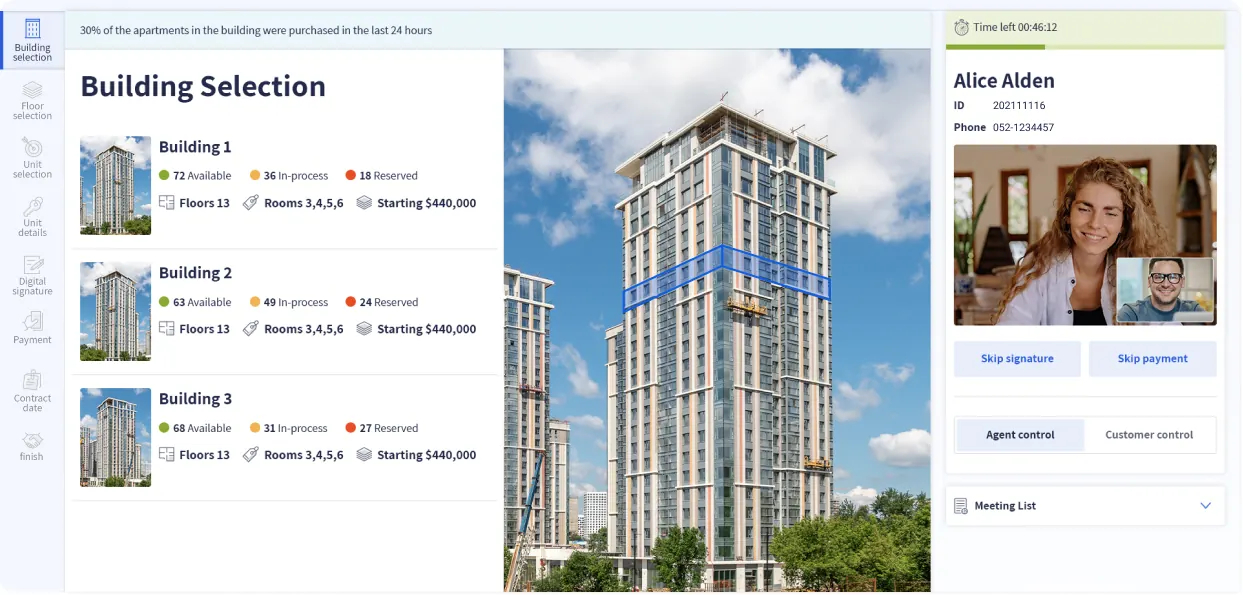 Building selection with live availability per building and a video call with the sales agent.