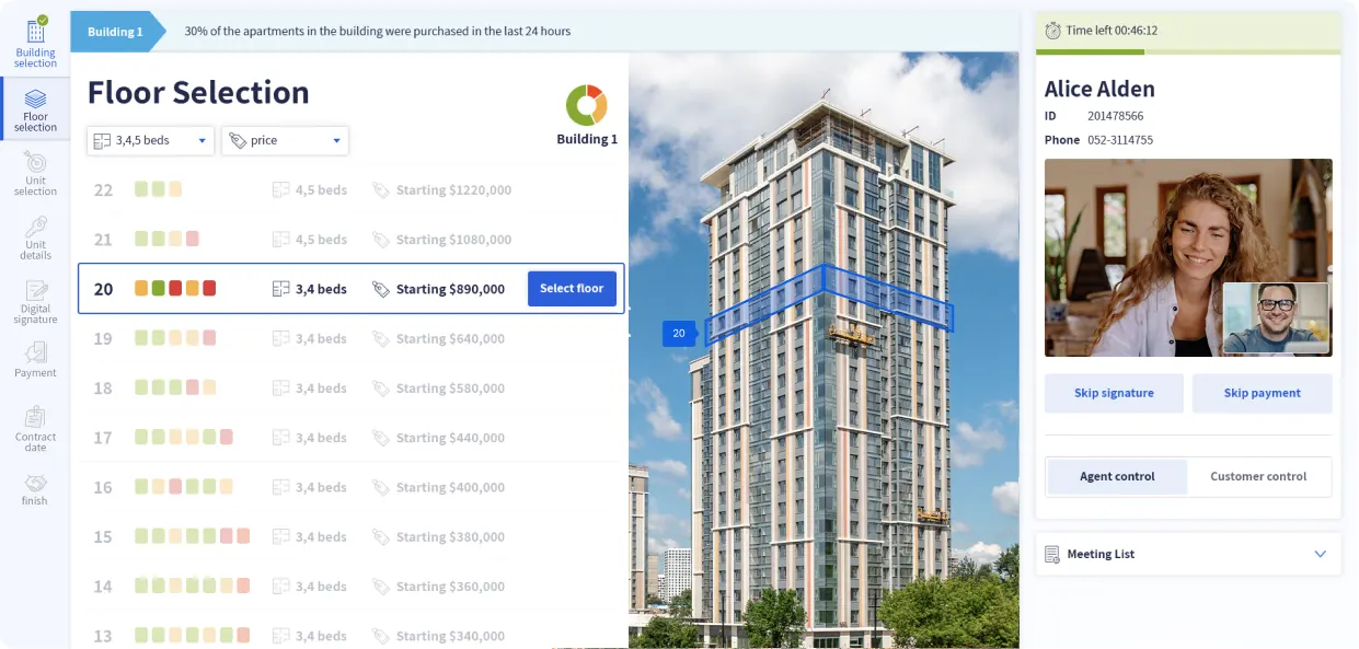 Floor selection with availability and starting price per floor, highlighted on the building.