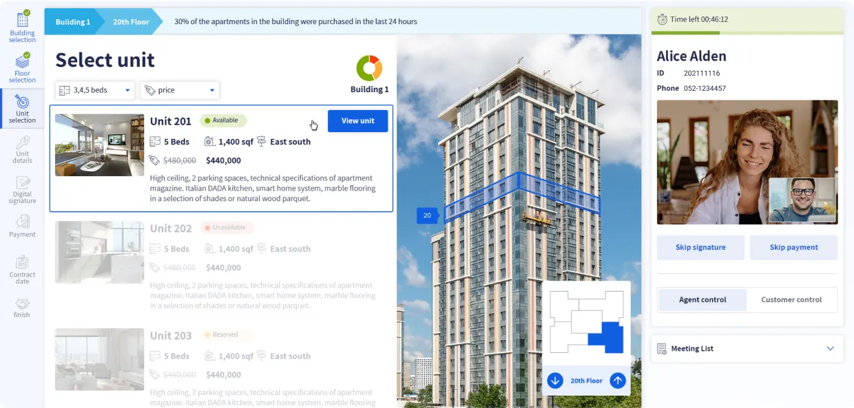Unit selection with unit details, price and floor plan.
